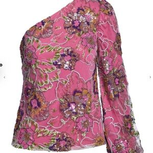 Boston Proper Pink Floral One-Shoulder Blouse